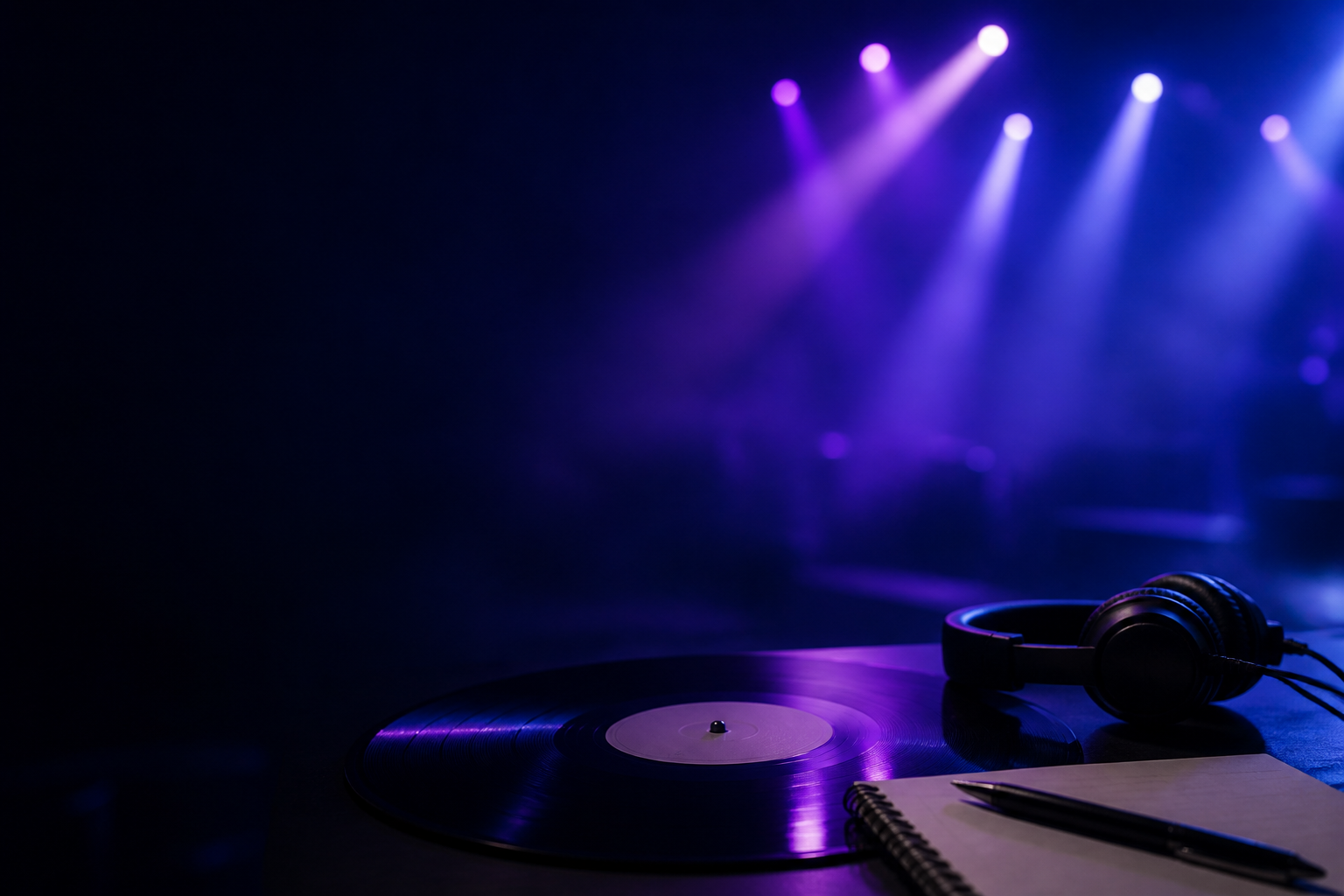 Purple stage lights and music objects